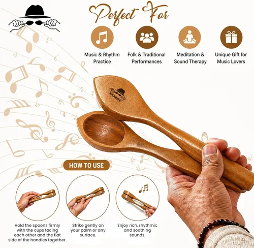 Vista 5 de Cucharas musicales de madera marrón, instrumento de percusión popular, percusión tradicional de los Apalaches celtas irlandeses, cucharas de ritmo