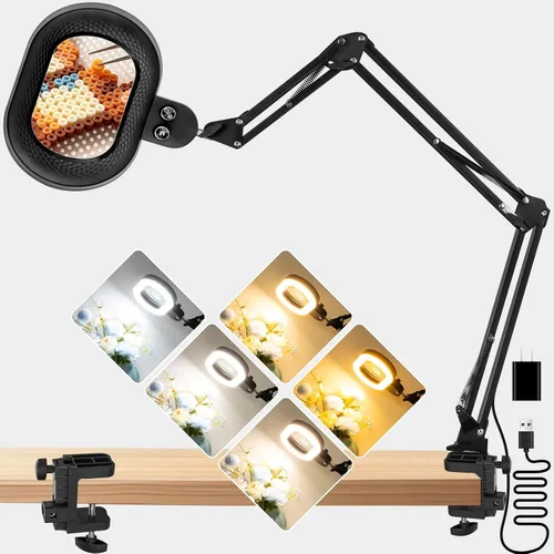 Vista 11 de 12 lupas con luz, lámpara de escritorio LED ultra larga de 3 secciones con brazo oscilante con abrazadera grande, 5 colores y brillo, lupa manos
