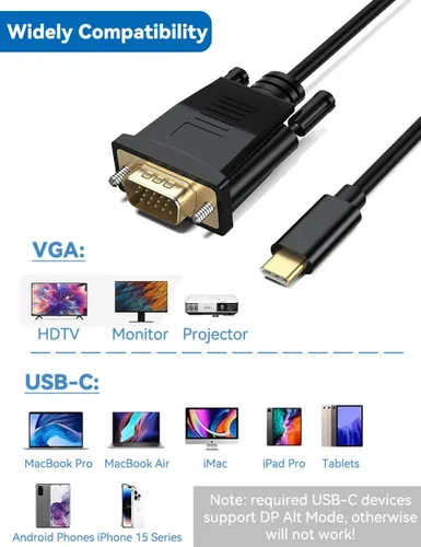 Vista 8 de Cable USB C a VGA de 3 pies VGA a USB C Tipo-C a 15 Pin D-Sub Cable adaptador 100% Plug & Play, resolución Full HD 1080P, universal compatible