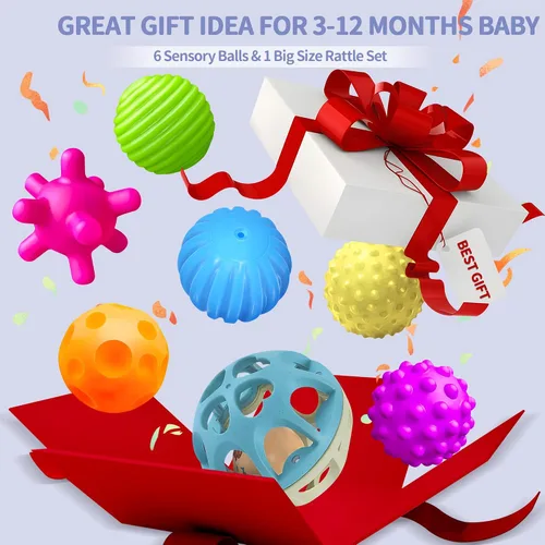 Vista 5 de Montessori - Juego sensorial para bebés y niños pequeños, paquete de 6 bolas texturizadas suaves y sonajero de paja de trigo, juguetes educativos