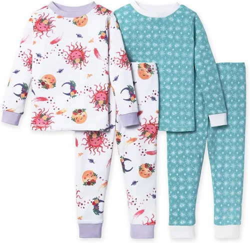 Vista 7 de Burt's Bees Baby Pijama de algodón orgánico para niñas, conjunto de pijama 100% algodón para niños pequeños y niños, tela suave y elástica Trébol