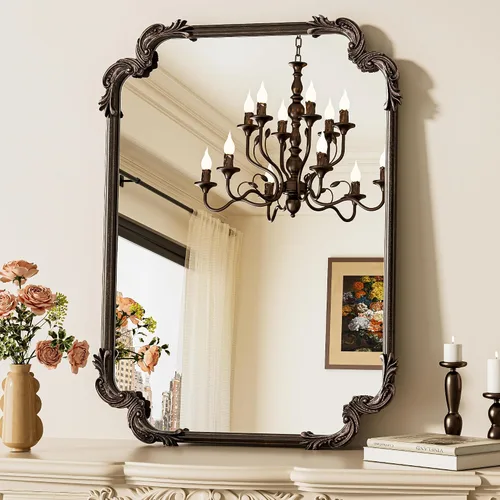 Vista 22 de Espejo rectangular negro barroco vintage para pared, 22 x 30 pulgadas, marco de desplazamiento antiguo, espejo de manto francés para chimenea, baño