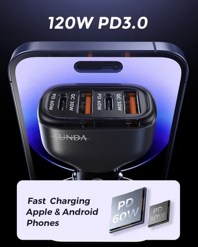 Vista 6 de SUNDA Cargador rápido USB C de 120 W, adaptador de cargador de coche de 4 puertos, doble tipo C PD60W/PPS60W compatible con iPhone15/14 CC-680 Gris