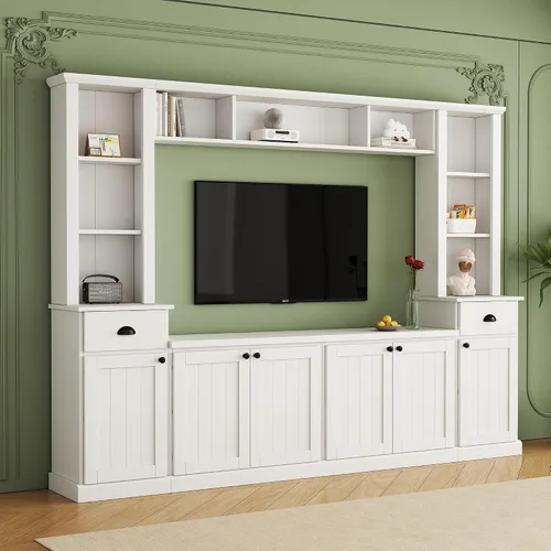 Vista 8 de Merax Minimalist 103" Entertainment Wall Unit Set with Overhead Bridge for TVs Up to 75", Modern Large Media Console with Adjustable Shelves, Ample