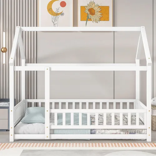 Vista 3 de LLS Base de cama individual con techo, cama Montessori de madera con valla, cama de casa para dormitorio de niños y niñas, blanco, blanco + pino
