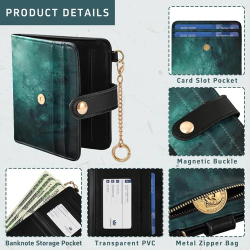 Vista 5 de Qilmy Hunter Green Texture Compact Women's Wallet - RFID Blocking Bifold Card Case PU Leather Slim Travel Wallet with Zipper Coin Pocket, ID Window