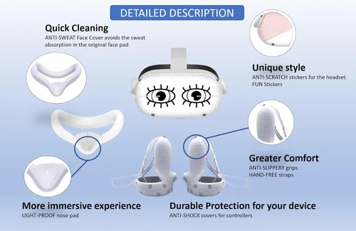 Vista 3 de Clean VR Funda de auriculares y controlador compatible con auriculares Oculus Quest 2Meta + cubierta protectora de agarre para la cara