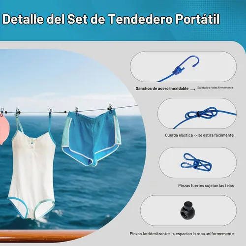 Vista 5 de Paquete de 2 tendederos retráctiles de viaje portátil, juego de línea de ropa de camping