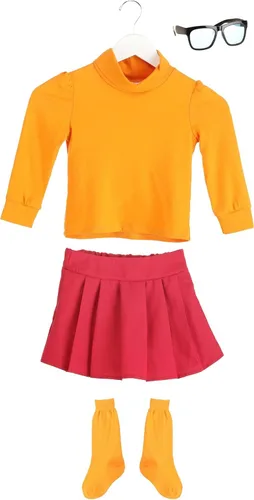 Vista 4 de Scooby Doo Velma Costume for Toddlers, Orange Turtleneck Sweater & Knee High Socks, Red Skirt & Glasses