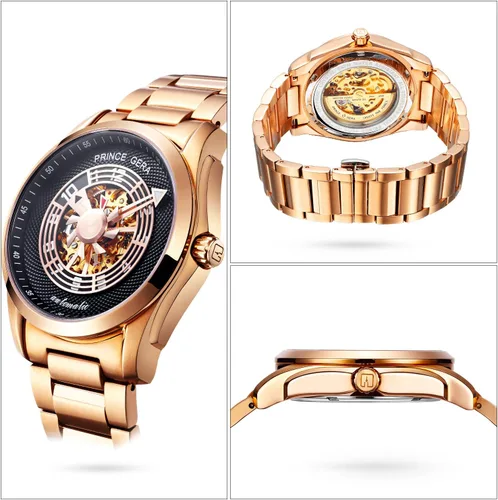 Vista 2 de BINLUN Prince GERA - Reloj de pulsera para hombre, mecánico, de acero inoxidable, impermeable, esqueleto automático, para hombre, serie Aeroengine