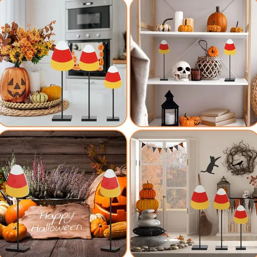 Vista 7 de 3 piezas de decoración de mesa de pie para Halloween, bandeja escalonada de madera, decoración de mesa de murciélagos y maíz, centro de mesa, juego
