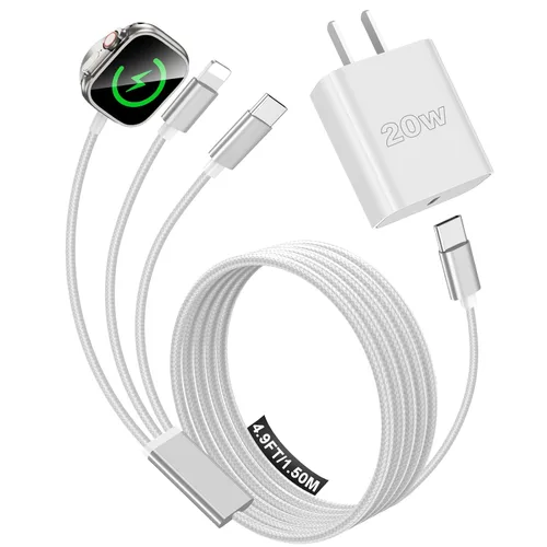 Vista 9 de Esenciales de viaje para cargador de Apple Watch, cargador de iPhone, cable de carga múltiple 3 en 1 tipo C/Lightning/magnético con bloque