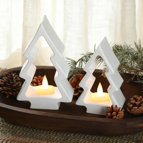 Vista 5 de AceOrbit 2 portavelas de árbol de Navidad, portavelas de madera blanca, candelabros rústicos de madera para decoración de mesa de Navidad, centro