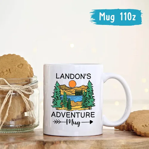 Vista 4 de Taza personalizada de fogata – 11 oz y 15 onzas, nombre personalizado, diseños de aventura y montaña, perfecta para campistas y viajeros