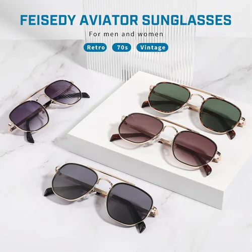 Vista 11 de FEISEDY Gafas de sol Aviador Hombres Mujeres 70s Gafas de sol Cuadrado Marco UV400 Protección B2953
