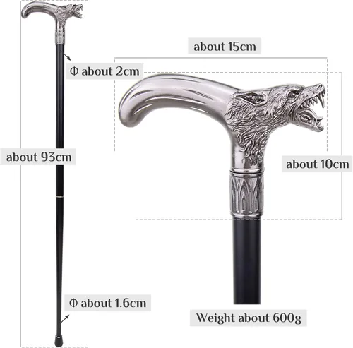 Vista 5 de Cabeza de lobo morder bastón de moda decorativo caballero elegante cosplay bastón perilla Crosier 36.6 in