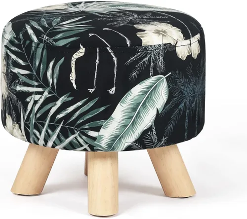 Vista 8 de Homebeez Taburete otomano redondo con reposapiés, reposapiés de tela pequeño con patas de madera antideslizantes, color azul