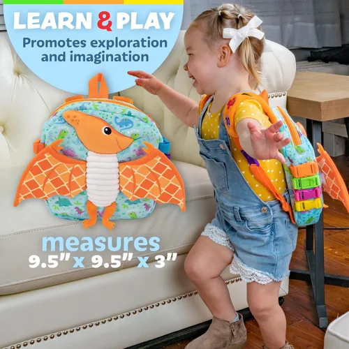 Vista 6 de Buckle Toys Breezy Pterodáctil - Mochila para niños pequeños con hebillas y actividades de aprendizaje para niños pequeños y juguetes sensoriales