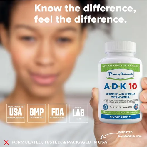 Vista 8 de Power By Naturals ADK 10 - Vitamina A de alta potencia, D3 10000 IU, suplemento K2 MK7 – 90 pastillas (1 unidad) para 3 meses de apoyo a la salud