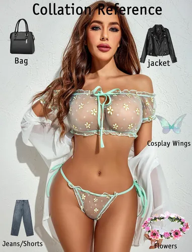 Vista 111 de Avidlove - Conjunto de brasier y braga con volantes, conjunto de lencería tipo babydoll de malla