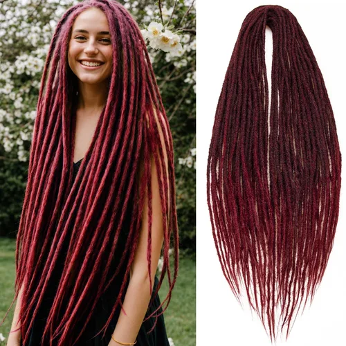 Vista 26 de 20 hebras de 24 pulgadas, extensiones de rastas color burdeos, rastas de cabello de ganchillo para mujer, hechas a mano, suaves, trenzas de cabello