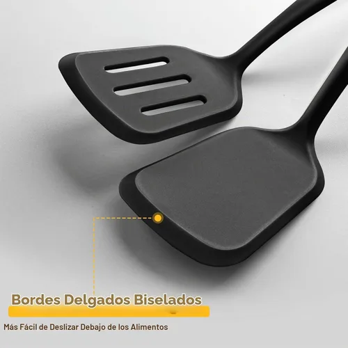Vista 6 de Juego de 2 espátulas de silicona con elegante mango de madera, resistente al calor, sólido y ranurado para sartenes antiadherentes, grandes Negro