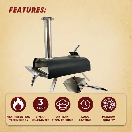 Vista 3 de Horno portátil de pellets para cocinar al aire libre, parrilla de leña con piedra de 13 pulgadas, alcanza altas temperaturas para pizza crujiente