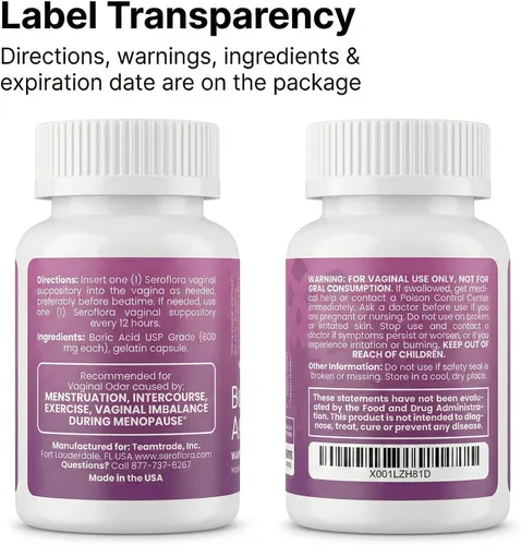 Vista 6 de Seroflora Cápsulas femeninas de ácido bórico de 600 mg, soporte de pH femenino, frescura íntima para mujeres, cápsulas de disolución rápida