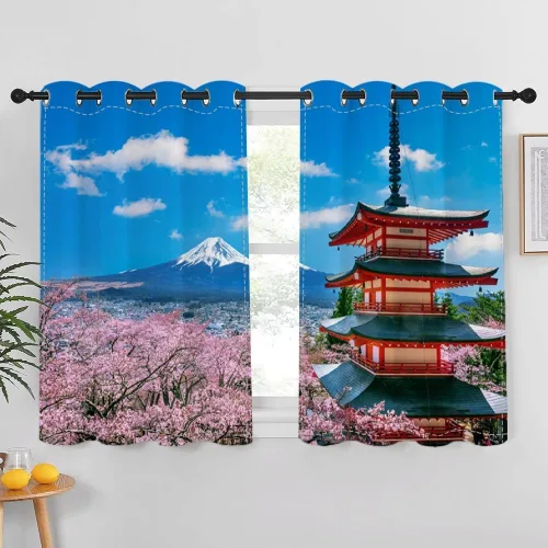 Vista 23 de Cortinas japonesas con pintura de tinta, monte Fuji, sol rojo, puesta de sol, hojas de bambú, cortinas de ventana para dormitorio, sala de estar