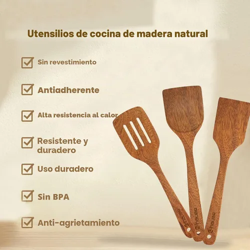 Vista 2 de Juego de 3 espátulas de madera natural, cuchara de cocina de madera maciza, antiadherente, utensilios de cocina ranurados, cucharas de madera