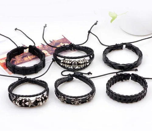 Vista 3 de NIGHTCRUZ 6 pulseras trenzadas de cuero, pulsera de cuero medieval con calavera
