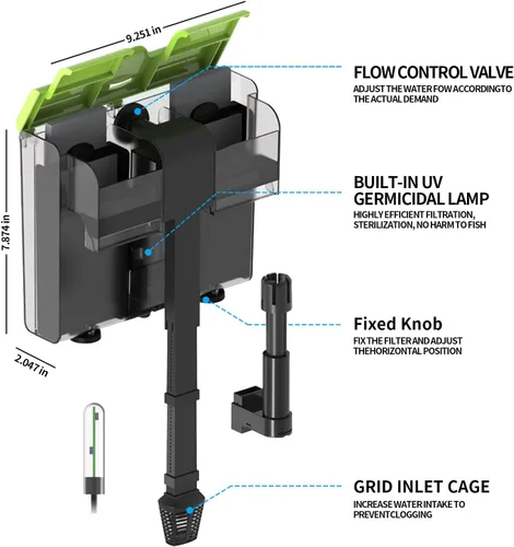 Vista 7 de Filtro de acuario 4 en 1 doble cascada U-V para agua verde y limpieza de algas, filtro silencioso de 8 W para colgar en el filtro de flujo ajustable