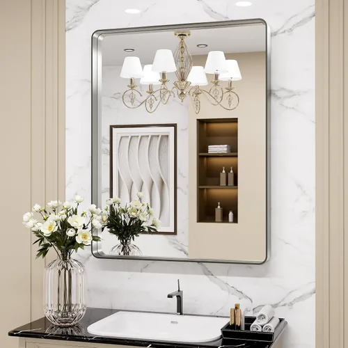 Vista 66 de LOAAO 20x16 Pulgadas Espejo de Baño con Marco de Metal Negro para Pared, Espejo de Tocador de Baño de Estilo Granja, Espejo Grande Rectangular