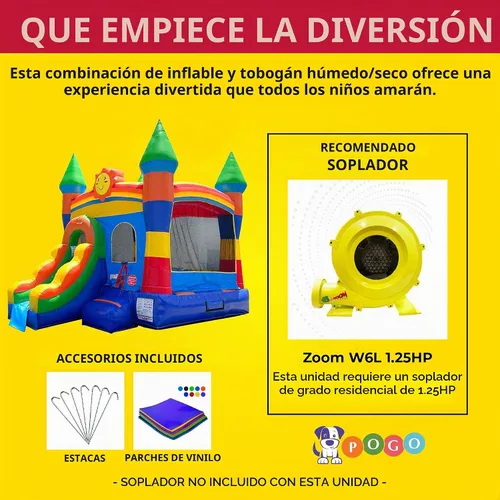 Vista 3 de Pogo Bounce House Crossover inflable con tobogán sin soplador, arcoíris sonriente 18 x 12 x 14.5 Foot Bounce House Combo Waterslide with