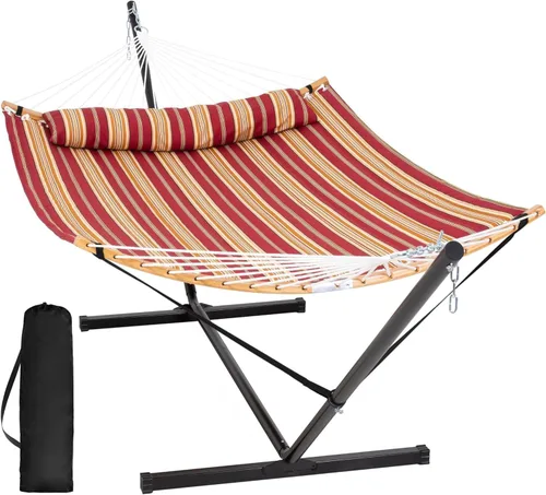 Vista 11 de SUNCREAT Hamaca doble con soporte incluido, hamaca portátil con soporte y almohada grande, rayas azules