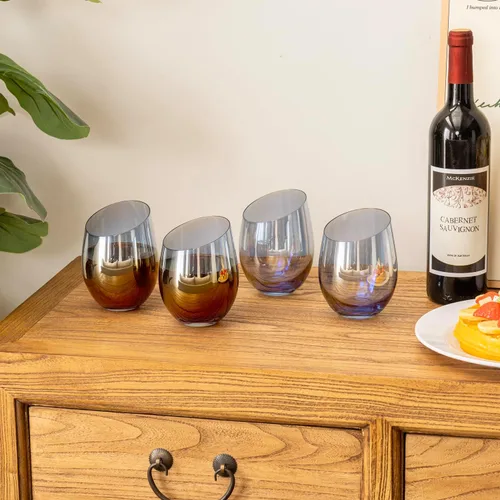 Vista 7 de MyGift Copas de vino modernas de 14 onzas sin tallo de vidrio azul iridiscente con borde en ángulo, cristalería transparente con tinte de brillo