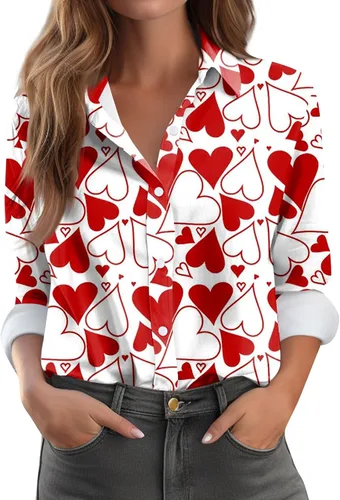 Vista 53 de Camisetas de San Valentín para mujer, camisas con botones, blusas de corazón, elegantes, informales, cuello de solapa, manga larga, suave, cómoda