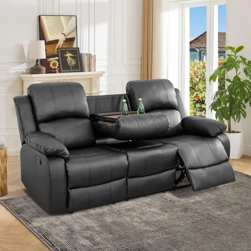 Vista 17 de Sofá reclinable manual de cuero para muebles de sala de estar, sofá reclinable de 78 pulgadas con mesa abatible, portavasos y sofá de cuero
