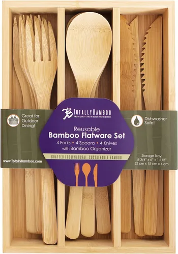Vista 7 de Totally Bamboo Juego de cubiertos de bambú reutilizables de 12 piezas con estuche de almacenamiento portátil, apto para lavavajillas