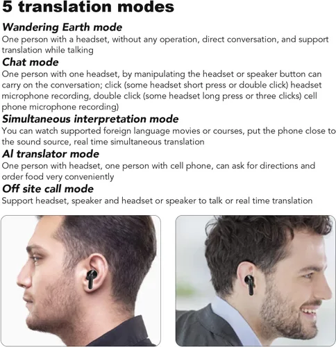 Vista 3 de Sanpyl Audífonos traductores de idiomas, 84 idiomas, 5 modos de traducción, traducción simultánea Bluetooth 5.1 en tiempo real, traductor Bluetooth
