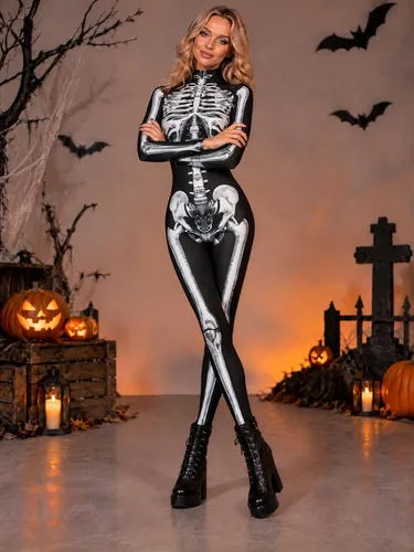Vista 3 de Disfraz de esqueleto de calavera para mujer, overol de una pieza para Halloween Esqueleto gris-2