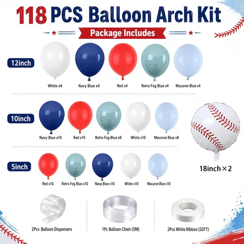 Vista 2 de FunHot Kit de guirnalda de arco de globos de béisbol, guirnalda de globos azul marino y rojo con globos blancos, globos de papel de aluminio de Azul