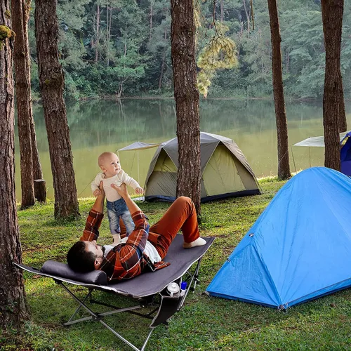 Vista 6 de VaygWay Catre plegable de viaje para acampar al aire libre, gris, ligera, cómoda, portátil, resistente, plegable, cama para dormir con bolsillo
