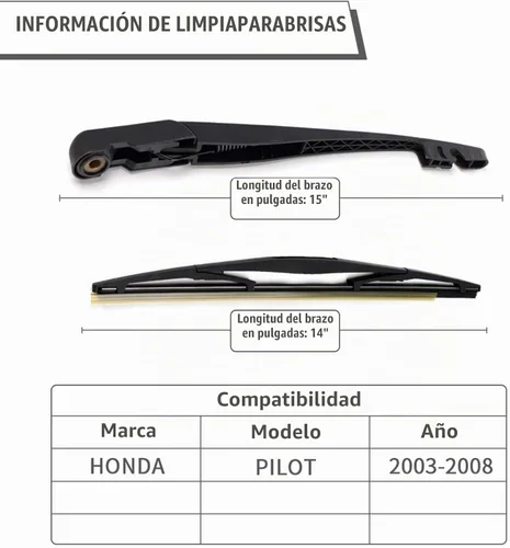 Vista 2 de Juego de tuercas de brazo y escobilla de limpiaparabrisas trasero - Repuesto para Honda Pilot 2003-2008, conjunto de limpiaparabrisas trasero