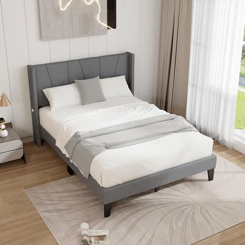 Vista 10 de KOMFOTT Base de cama tapizada tamaño Queen con cabecera con respaldo de ala, plataforma moderna con soporte de listones de madera, base de colchón