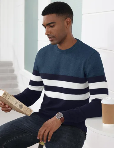 Vista 4 de MAGCOMSEN Suéter de cuello redondo para hombre, con bloques de color, a rayas, suéter de punto térmico suave, suéter de manga larga, suéter casual