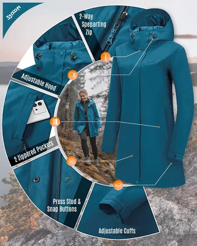 Vista 3 de 33,000ft Abrigos largos impermeables para mujer con malla transpirable con capucha, chaqueta de lluvia con capucha, gabardina, rompevientos Azul