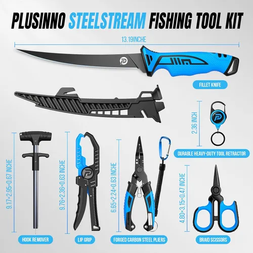 Vista 7 de PLUSINNO Equipo de pesca, herramientas de pesca, accesorios de pesca, kit de alicates de pesca resistentes a la corrosión, cuchillo de pesca, pinza