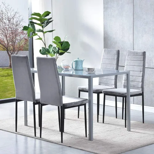 Vista 9 de Juego de 4 mesas de comedor y sillas negras modernas de 5 piezas para cocina pequeña, mesa rectangular de vidrio templado y 4 sillas de piel