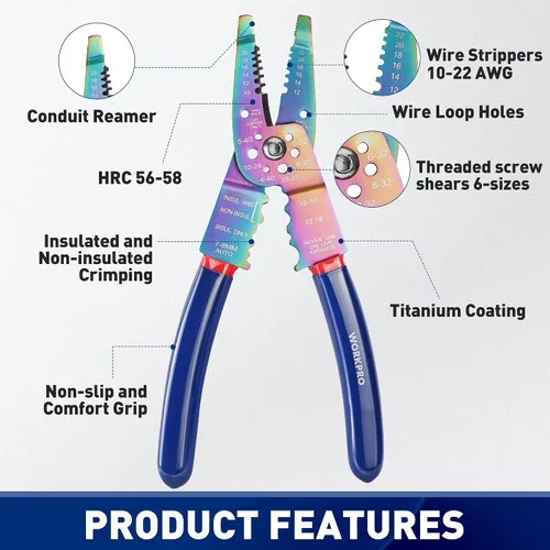 Vista 2 de WORKPRO Pelacables de 8"/herramienta de prensado de cables, herramientas para pelacables para 10-22 AWG, cortador de cables, crimpadora de cables